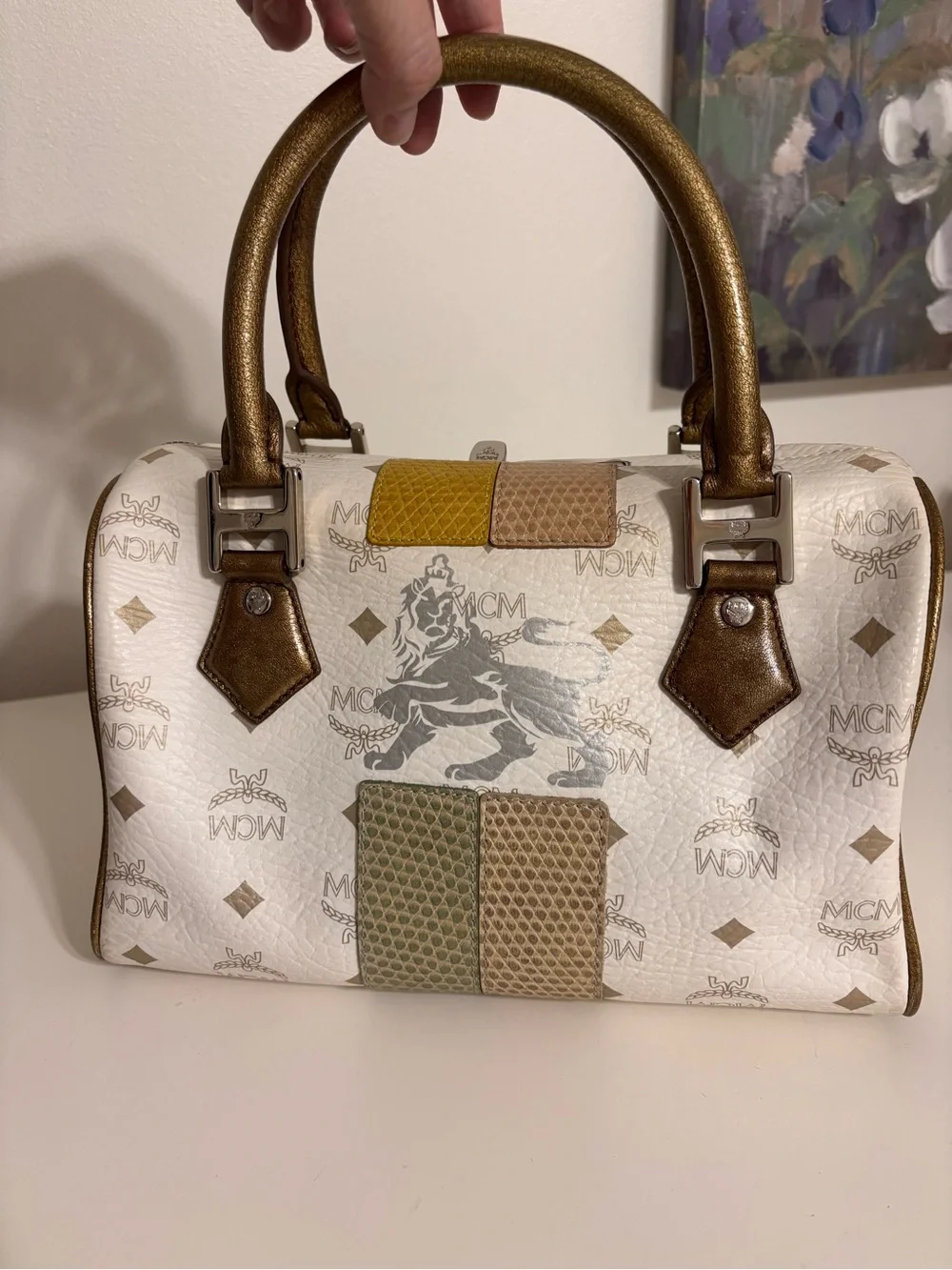 MCM Princess Lion Satchel H0501 White Visetos Bronze Python Trim Satchel